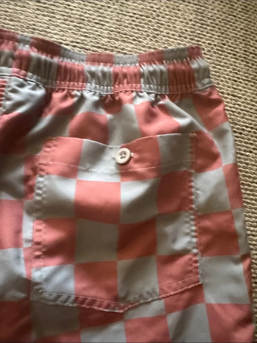 No Boundaries Coral & Light Gray Checker Swim Trunks